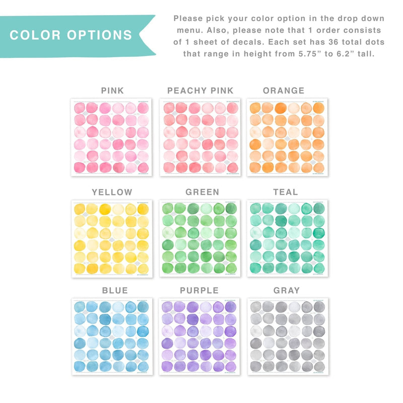 Watercolor dot sticker sheets color options for planners and crafts — 9 colors (pink, peachy pink, orange, yellow, green, teal, blue, purple, gray), 36 round decals per sheet