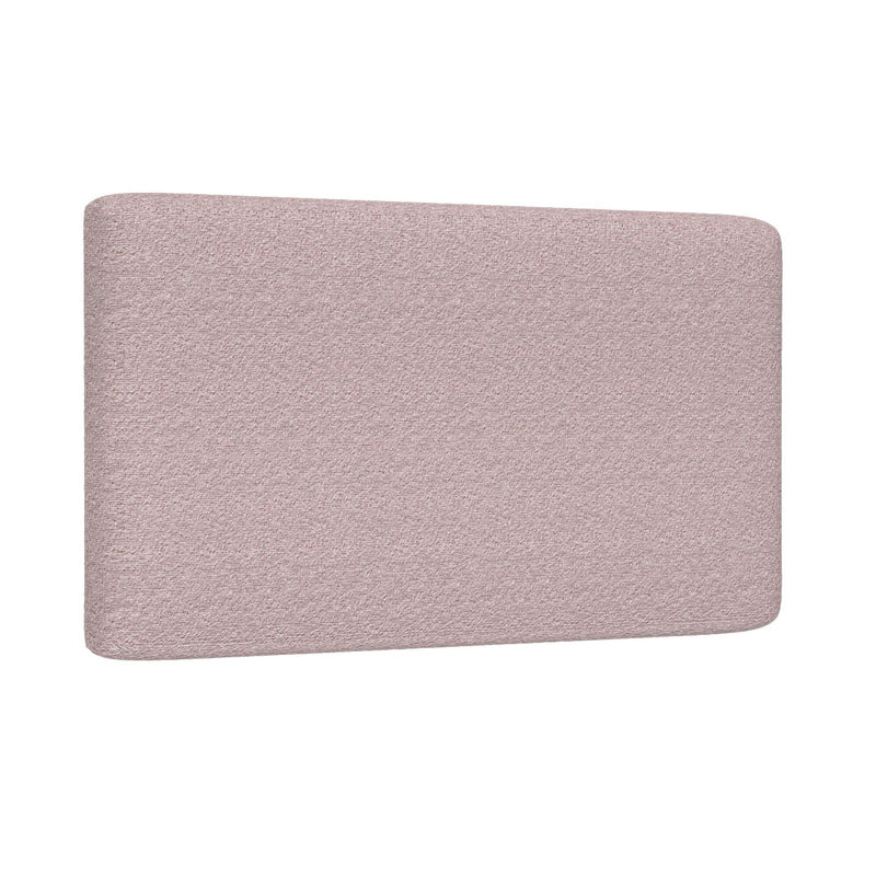 Blush pink upholstered rectangular headboard with rounded corners and textured linen fabric, modern minimalist bed headboard isolated on white background