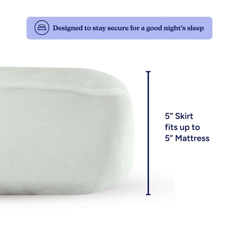 Close-up of a mattress with a fitted sheet having a 5-inch skirt, securely designed for mattresses up to 5 inches thick, ensuring a snug fit for better sleep.