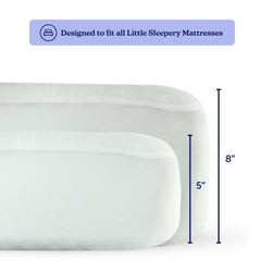 Fitted sheet designed for Little Sleepy Mattress, featuring dimensions of 5 inches and 8 inches.