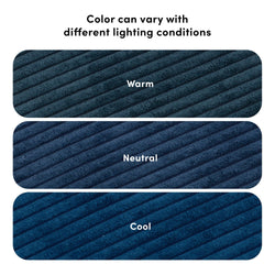 Three textured blue fabric swatches labeled Warm, Neutral, Cool showing how navy-blue color varies under different lighting conditions, color variation guide