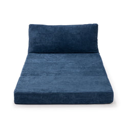 Navy blue corduroy floor mattress with attached backrest — plush low-profile lounge cushion for living room or bedroom seating