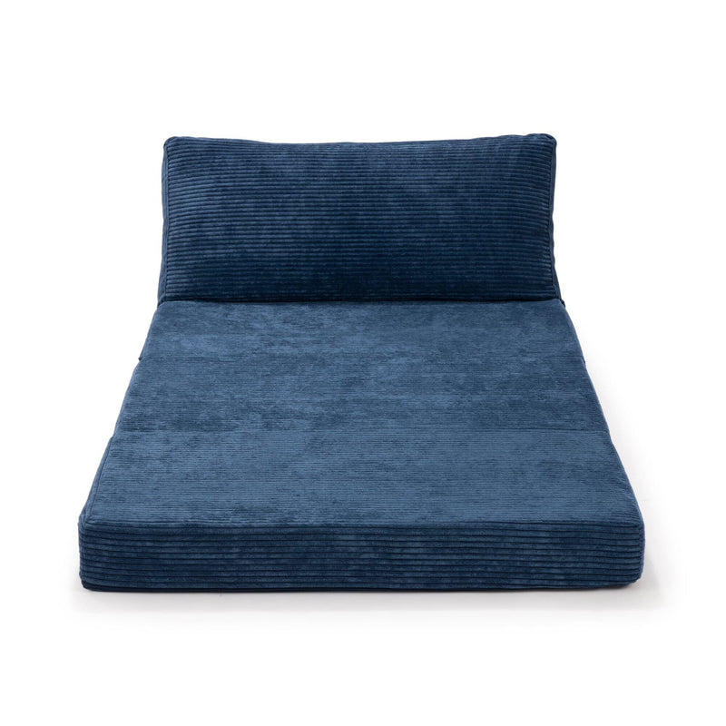 Navy blue corduroy floor mattress with attached backrest — plush low-profile lounge cushion for living room or bedroom seating