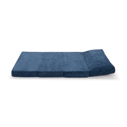 Blue corduroy tri-fold portable floor mattress pad for guests, camping, and lounging