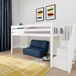 White loft bed with staircase over blue fold-out chair in modern kids room with yellow rug and abstract colorful wall art