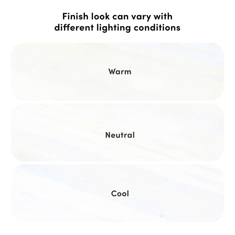 Graphic showing how a light stone finish appearance varies under different lighting conditions with three rounded sample swatches labeled "Warm", "Neutral", and "Cool", demonstrating finish differences for surface materials.
