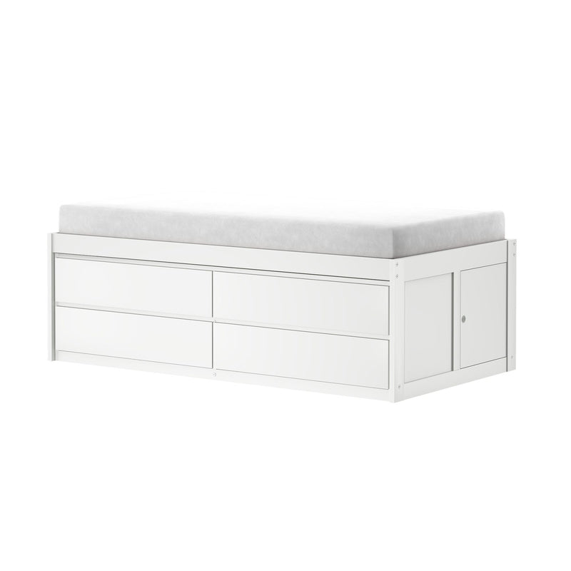 White wooden storage bed with mattress top and six built-in drawers, minimalist platform bed for small bedrooms