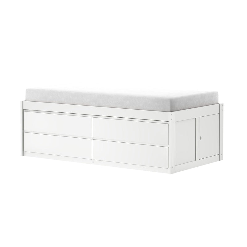 White storage dresser with light gray mattress topper on top, modern minimalist bedroom furniture ideal for nursery or small spaces
