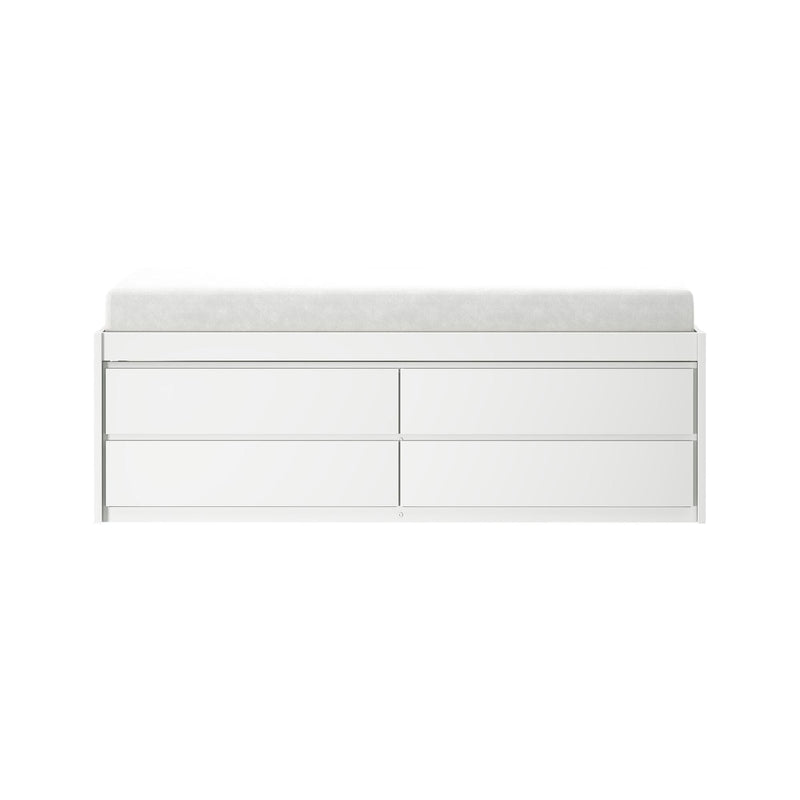 White nursery changing table with soft gray changing pad and four spacious drawers, modern minimalist baby dresser storage