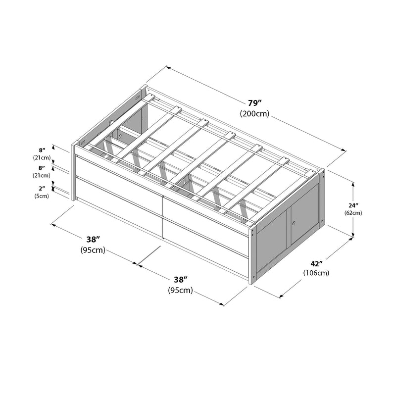 Assembly diagram of a wooden platform bed frame with slatted mattress support and integrated under-bed storage drawers, annotated dimensions in inches and centimeters (79" / 200 cm length, 42" / 106 cm depth, 38" / 95 cm width)