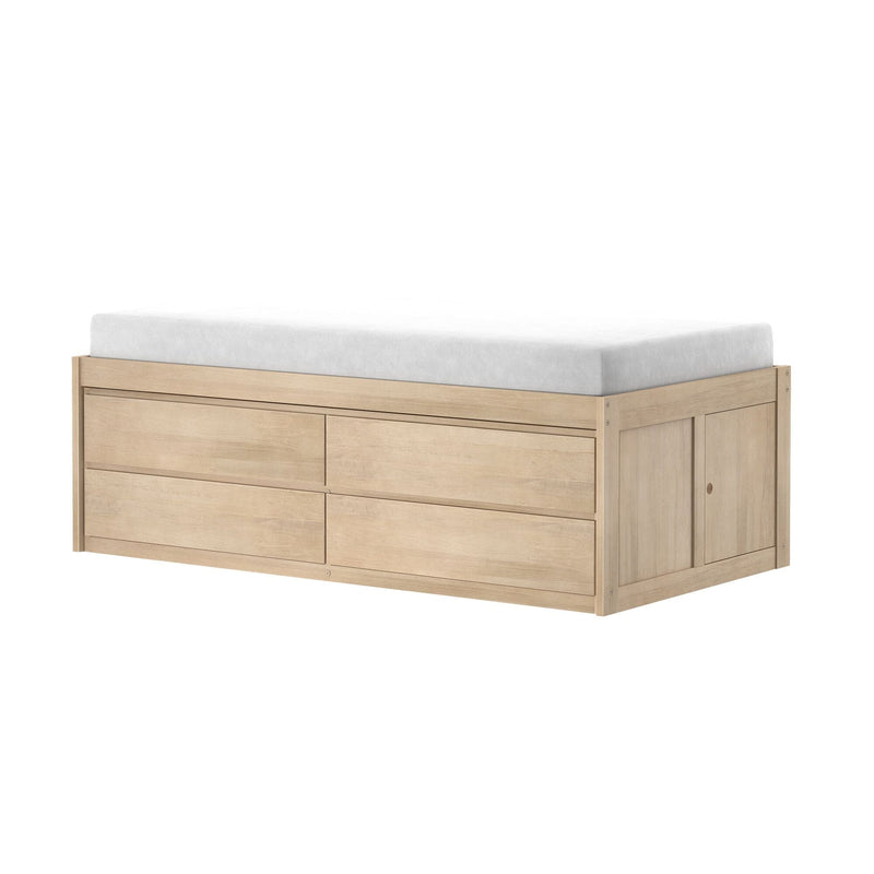 Light oak wooden storage platform bed with built-in drawers and white mattress, minimalist modern farmhouse style