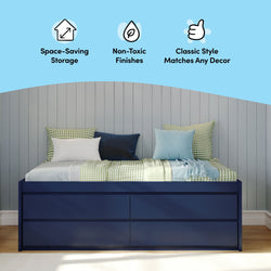 Space-saving storage bed with non-toxic finishes in a classic style that matches any decor.