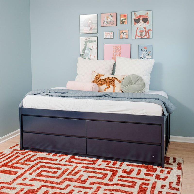 Navy storage daybed with pull-out drawers in a children's bedroom, light blue walls, framed animal gallery wall, tiger accent pillow and red geometric rug