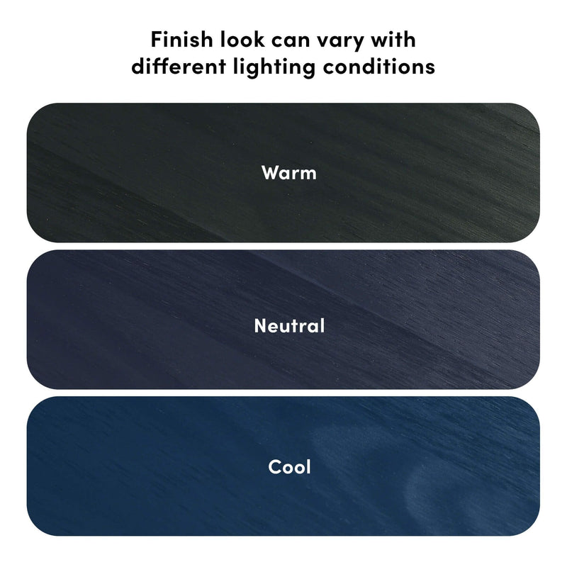 Three dark wood finish samples labeled "Warm", "Neutral", and "Cool" illustrating how wood finish color varies under different lighting conditions