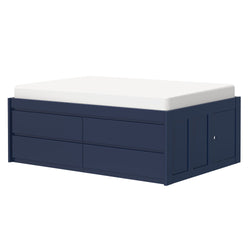 Navy blue wooden storage bed frame with drawers, perfect for space-saving bedroom solutions.
