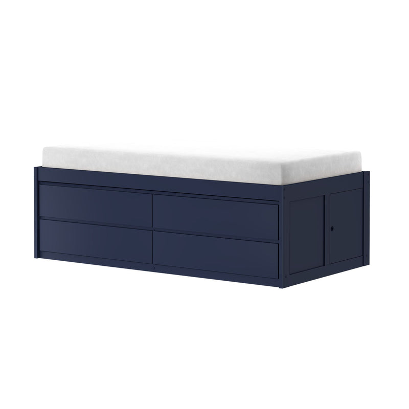 Navy blue wooden storage daybed with four under-bed drawers and white mattress, space-saving storage bed for small bedrooms and kids' rooms