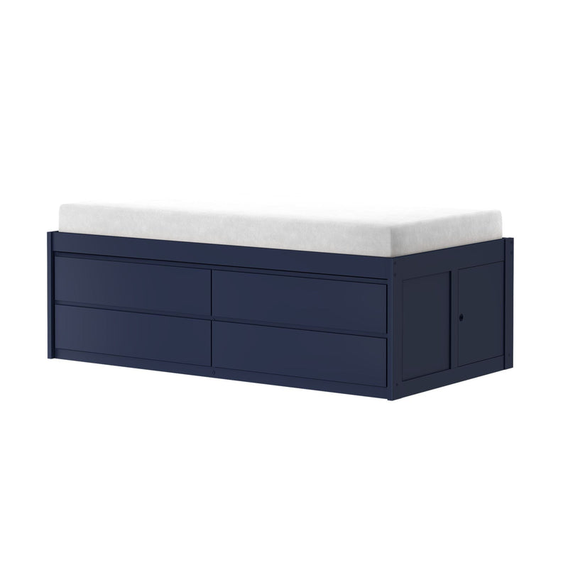 Navy blue wooden storage bed with built-in drawers topped by a white mattress on a white background