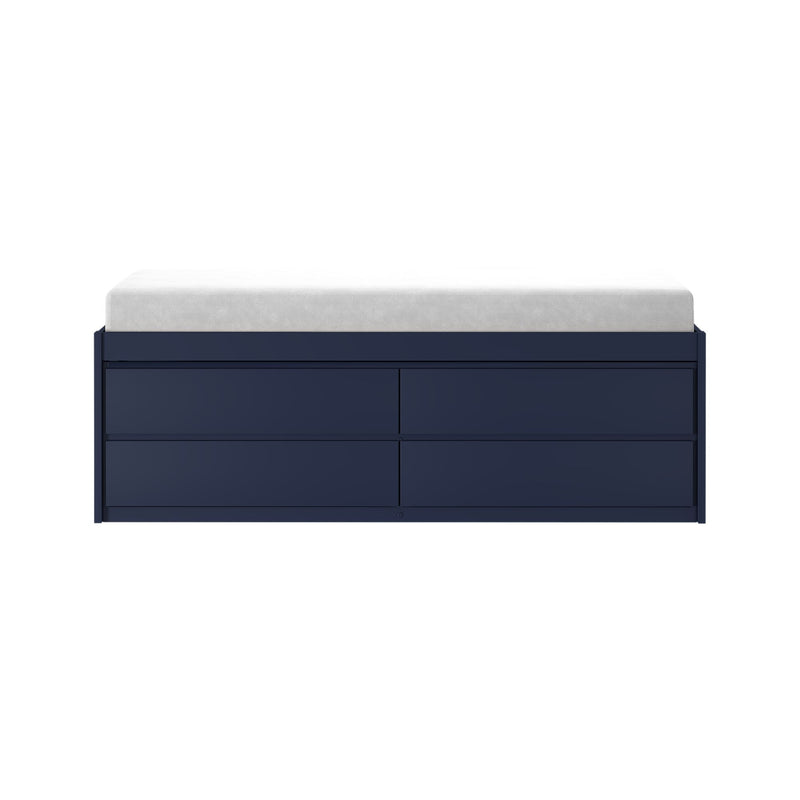 Modern navy blue six-drawer storage bench with white upholstered cushion for bedroom or entryway seating and hidden storage