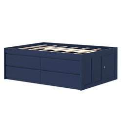 Blue wooden bunk bed frame with built-in storage drawers and contemporary design.