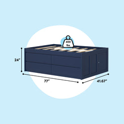 Blue wooden bed frame with four drawers, dimensions 77 inches by 41.67 inches by 24 inches, weight capacity 400 lbs, isolated on a light blue background.