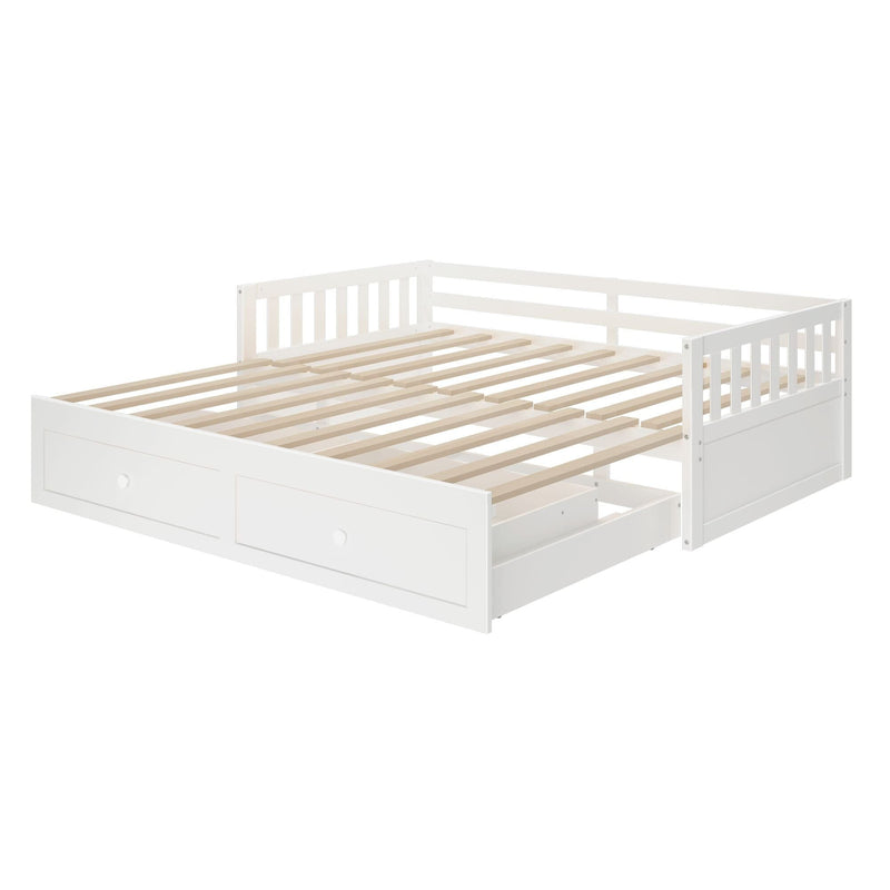 White wooden daybed frame with slatted mattress support, guard rails and built-in under-bed drawers for storage