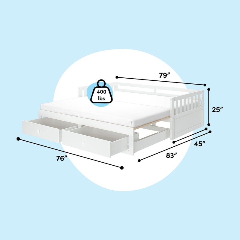White wooden daybed with mattress and two pull-out storage drawers, labeled 83×45×25 in dimensions and 400 lb weight capacity — modern kids' storage bed