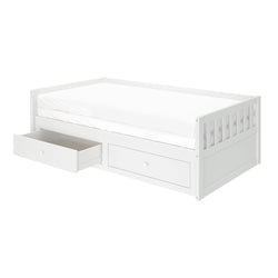 White wooden twin daybed with slatted side rails and underbed pull-out storage drawer, minimalist modern design
