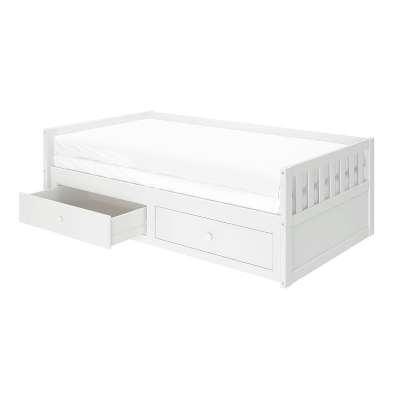 White wooden daybed with twin mattress, slatted guardrail and built-in storage drawers and trundle for kids' bedrooms
