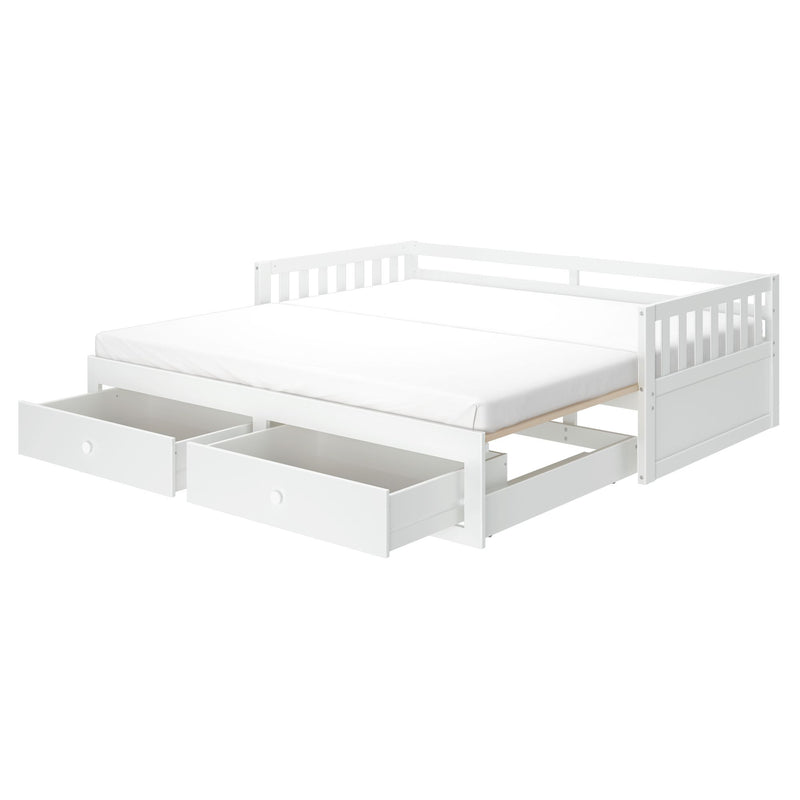 White wooden twin daybed with slatted rails and white mattress, built-in under-bed storage drawers for kids' bedroom