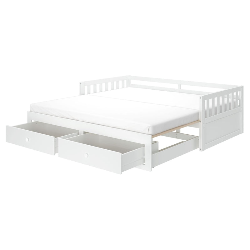 White wooden daybed with safety rails, twin mattress and two under-bed storage drawers, trundle-style kids' bed for small bedrooms