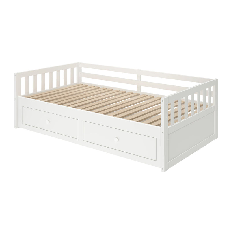 White wooden daybed with natural wood slatted mattress base and two under-bed storage drawers, ideal for children's or guest room
