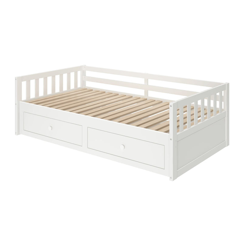 White wooden daybed with natural slatted wood base, side rails and two under-bed storage drawers — modern guest or kids' bed