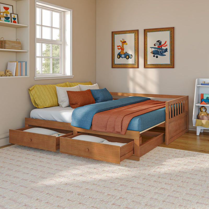 Cozy kids bedroom with wooden bed, under-bed storage drawers, blue and orange bedding, animal wall art and sunlit window