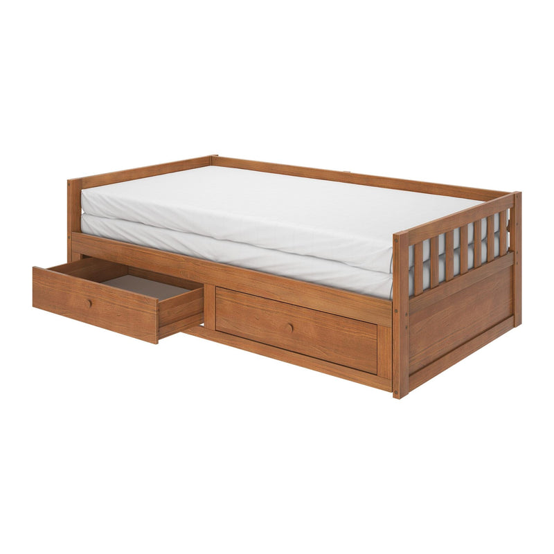 Solid wood twin daybed with white mattress and built-in underbed storage drawers in natural wood finish