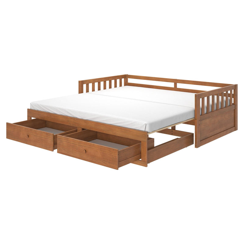 Twin-size wooden daybed with white mattress and two under-bed storage drawers, oak finish slatted headboard and footboard