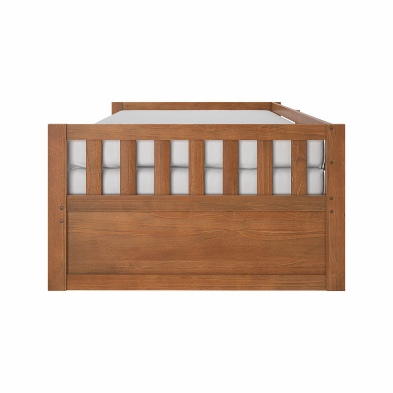 Solid wood slatted bed frame headboard and footboard in warm brown finish with mattress on white background
