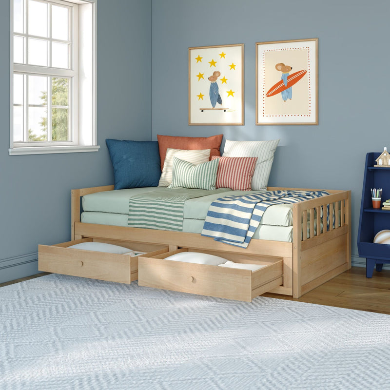 Cozy kids bedroom with light wooden trundle bed and open storage drawers, blue nursery walls, striped pillows and playful framed mouse art