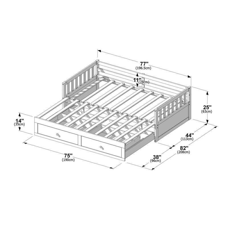 Technical assembly diagram of a wooden slatted platform bed frame with built‑in under‑bed storage drawers and labeled dimensions in inches and centimeters
