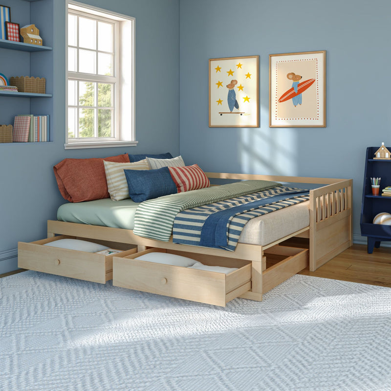 Cozy kids bedroom with blue walls, wooden twin bed with under-bed storage drawers, striped bedding and pillows, natural light from window and framed animal wall art