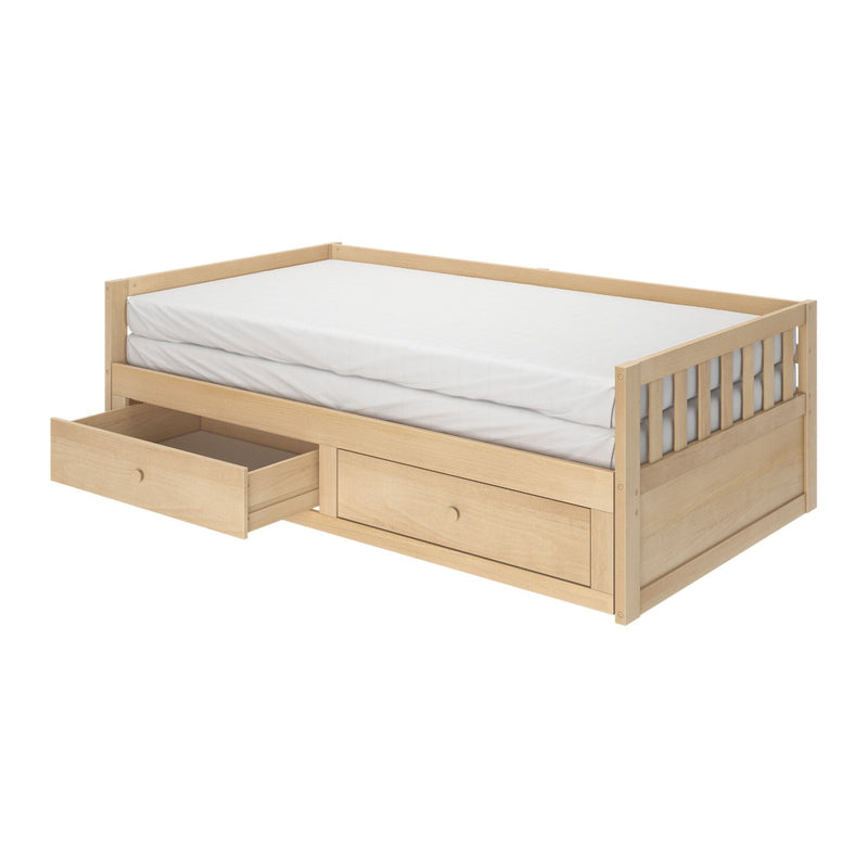 Twin wooden daybed with white mattress and under-bed pull-out storage drawers, natural light wood slatted frame