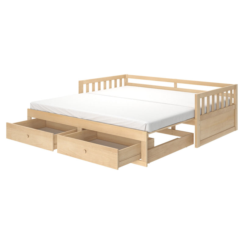 Natural pine wooden daybed with slatted guardrail and white mattress, featuring two under-bed pull-out storage drawers for kids' rooms