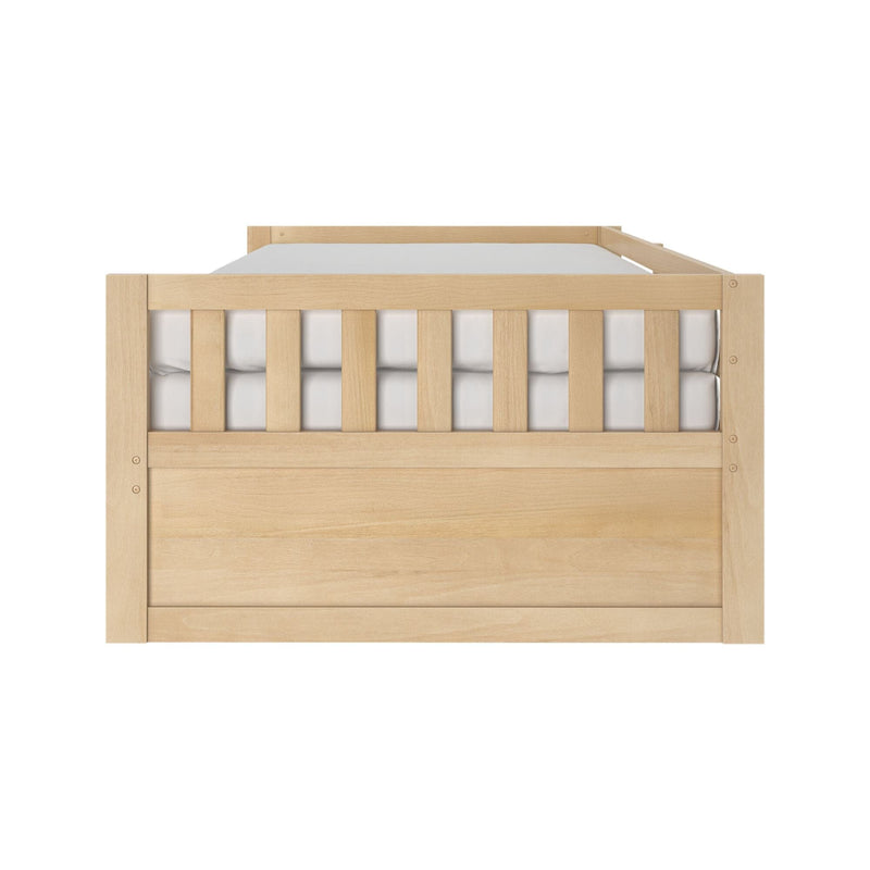 Natural light wood toddler bed with slatted front panel and white mattress, modern nursery crib/toddler bed furniture