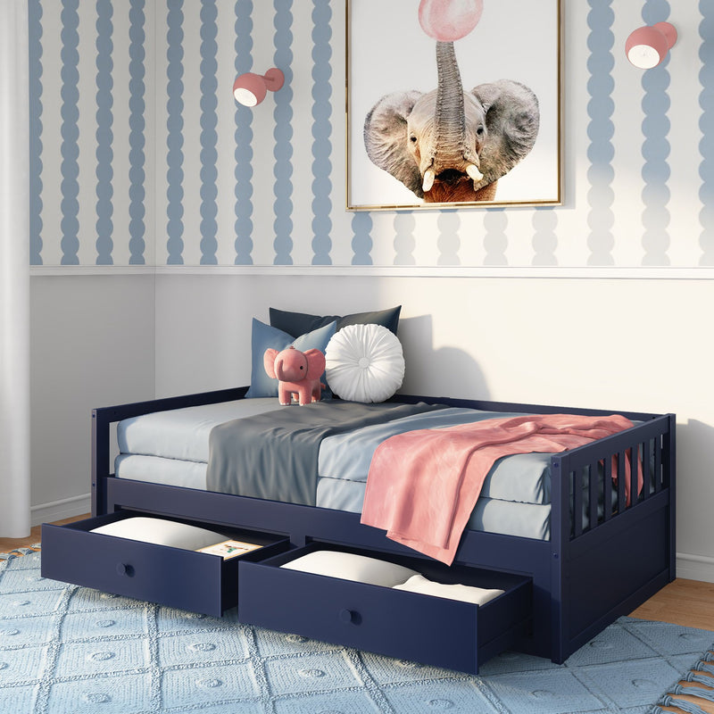 Children's bedroom nursery decor: navy blue daybed with under-bed storage drawers, pink elephant plush toy, pink throw blanket, round white pillow, framed elephant wall art and blue scallop striped wallpaper