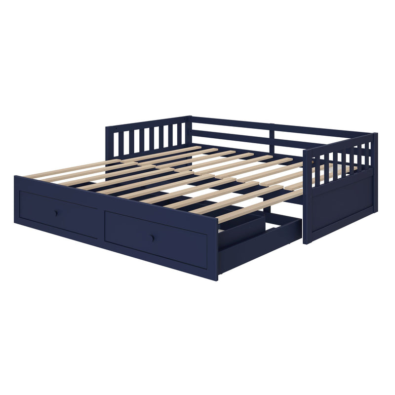 Navy blue wooden daybed frame with slatted wood mattress base, slatted back and side rails, and built-in underbed storage drawers for kids or guest room furniture