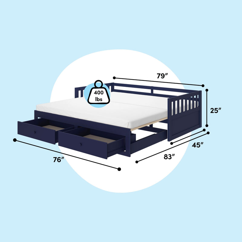 Navy blue daybed with trundle and two storage drawers, mattress and guard rails, 400 lb weight capacity icon and illustrated product dimensions