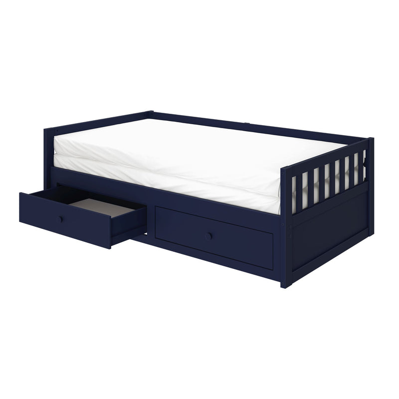 Navy blue wooden twin children's bed with white mattress, safety guard rails and built-in underbed storage drawers/trundle — modern kid's bedroom daybed