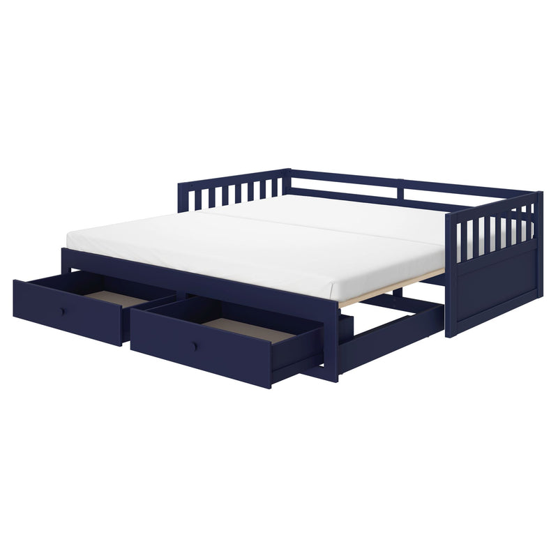 Navy blue wooden daybed with guard rails, white mattress and built-in under-bed storage drawers