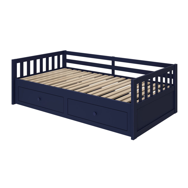 Navy blue wooden twin daybed with slatted platform, side guardrails and two built-in storage drawers, ideal for kids' bedroom