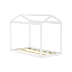 White house-shaped wooden bed frame for kids with slatted base.