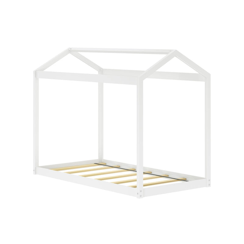 White wooden house-shaped children's bed frame with roof canopy and wooden slats, modern twin platform bed for kids' bedroom